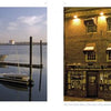 Left: Small boats docked at a calm harbor; right: A warmly lit historic pub at night—captivating moments from “Boston” by Schiffer Publishing, Ltd., an ideal photo book or Boston souvenir.