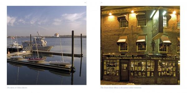Left: Small boats docked at a calm harbor; right: A warmly lit historic pub at night—captivating moments from “Boston” by Schiffer Publishing, Ltd., an ideal photo book or Boston souvenir.