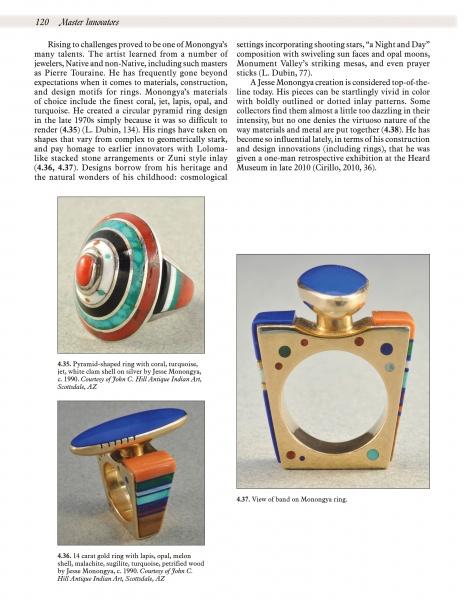 A magazine page showcases Southwestern Indian Rings from Schiffer Publishing, Ltd.—one with layered turquoise, orange, and black stripes, the other gold with a blue oval top—plus text about the artist’s inspirations and techniques.