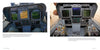 Side-by-side images from "Legacy Hornets" by Schiffer Publishing, Ltd. compare US Navy jet fighter cockpit panels, highlighting the differences in colored screens and controls that showcase changes in cockpit design over time.