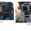 Side-by-side images from "Legacy Hornets" by Schiffer Publishing, Ltd. compare US Navy jet fighter cockpit panels, highlighting the differences in colored screens and controls that showcase changes in cockpit design over time.