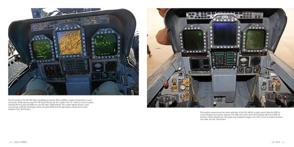 Side-by-side images from "Legacy Hornets" by Schiffer Publishing, Ltd. compare US Navy jet fighter cockpit panels, highlighting the differences in colored screens and controls that showcase changes in cockpit design over time.
