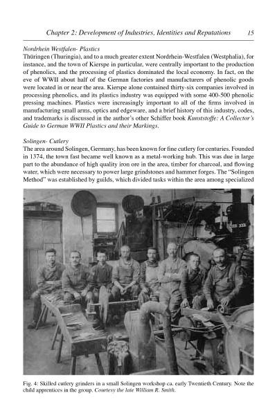 Black-and-white photo of mostly women operating grinding machines in a Solingen cutlery factory, early 1900s. Featured in "An Encyclopedia of German Tradenames and Trademarks 1900-1945" by Schiffer Publishing, Ltd.