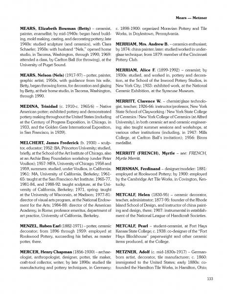 Page 133 of "Biographies in American Ceramic Art" by Schiffer Publishing, Ltd. lists American ceramic artists and craftsmen alphabetically, with names, specialties, and concise biographies in black text on a white background.