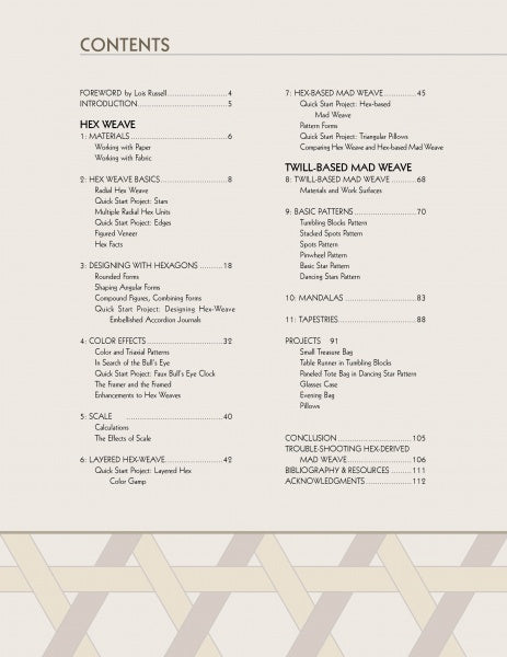 Table of contents page from "Hex Weave & Mad Weave" by Schiffer Publishing, Ltd., with chapters on materials, triaxial weaving, design, color effects, lavish weaves, hex/twill-based patterns, mandalas, projects; geometric border at bottom.