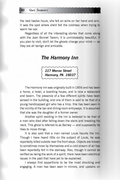 A page in "Pittsburgh Ghosts" by Schiffer Publishing, Ltd. explores The Harmony Inn, a haunted landmark in Harmony, PA, and its spirits, including a woman, a limping girl, and the tragic story of Lou.