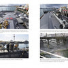 A two-page spread in "The US Navy's Fast Attack Submarines, Vol. 1" by Schiffer Publishing, Ltd. showcases sailors working on a Los Angeles class sub docked at harbor, with photos of deck hatches, maintenance, and nearby ships.