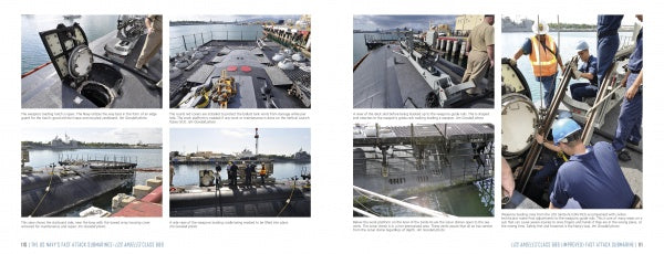 A two-page spread in "The US Navy's Fast Attack Submarines, Vol. 1" by Schiffer Publishing, Ltd. showcases sailors working on a Los Angeles class sub docked at harbor, with photos of deck hatches, maintenance, and nearby ships.