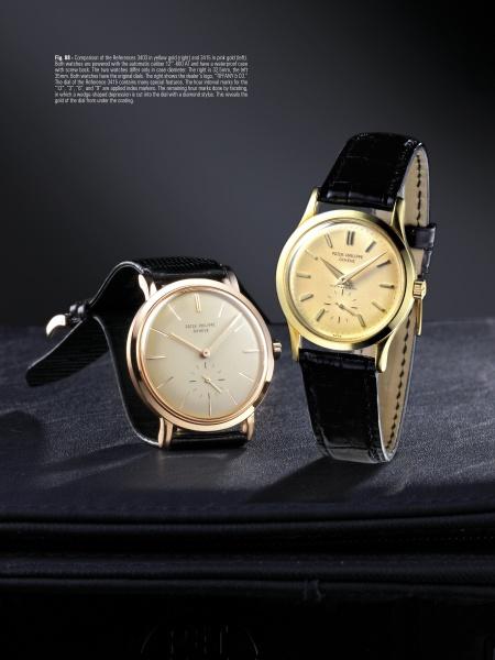 Two elegant vintage Patek Philippe watches from Schiffer Publishing, Ltd.—one rose gold with a white dial, the other yellow gold with a gold face and black Roman numerals—displayed on dark leather; perfect for collectors.