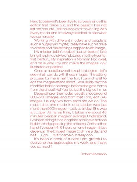 A letter from Robert Alvarado in pink text on white opens Alvarado's Pin-up Nudes, 2nd Edition by Schiffer Publishing, Ltd., sharing his pin-up journey, editing process, Norman Rockwell inspiration, and gratitude for creative experiences and supporters.