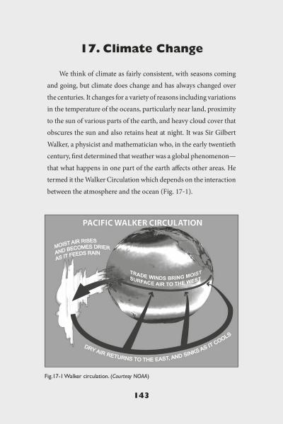 A textbook page titled 17. Climate Change explains climate change and features a Pacific Walker Circulation diagram, similar to those in The Boater's Weather Guide by Schiffer Publishing, Ltd., showing Pacific air movement and temperature differences.