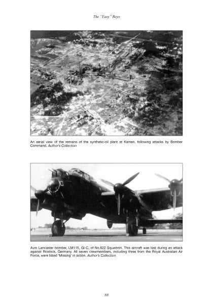Top: Aerial view of bombed industrial ruins. Bottom: Close-up of Avro Lancaster with No.622 Squadron crew. Both WWII scenes are featured in "The Easy Boys: The Story of a Bomber Command Aircrew in World War II" by Schiffer Publishing, Ltd.