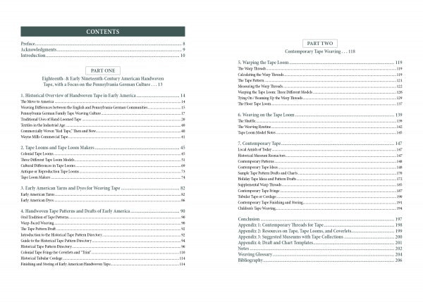 The table of contents for Handwoven Tape by Schiffer Publishing, Ltd. is divided into two parts, covering American bandweaving, handwoven tape techniques, and the historical use of the tape loom, with chapters and sections listed by page number.