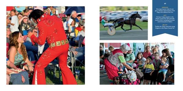 Scenes from the Country Fair" by Schiffer Publishing, Ltd. showcases a red-suited Elvis performer singing at an outdoor fair, with side images of a harness racehorse in action and a costumed woman entertaining kids indoors—capturing classic Pennsylvania fair moments.