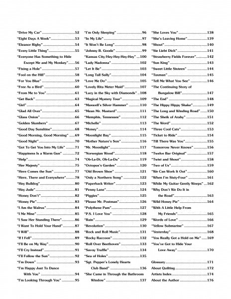 The table of contents in "Inspired by the Beatles" (Schiffer Publishing, Ltd.) lists Beatles songs alphabetically in three black-and-white columns with page numbers, covering pages 52–176—a perfect keepsake for fans.