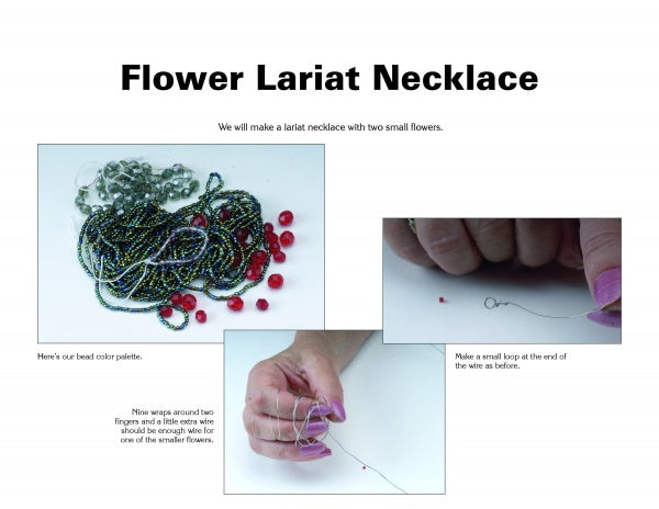 The Flower Jewelry tutorial by Schiffer Publishing, Ltd. shows bead supplies, hands creating a wire loop and forming a flower brooch, with step-by-step instructional text.
