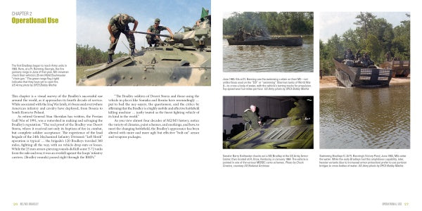 A book from Schiffer Publishing, Ltd. features US Army soldiers on M2/M3 Bradley vehicles in action, with scenes of water crossings and night firing, plus text detailing their operational use and history.
