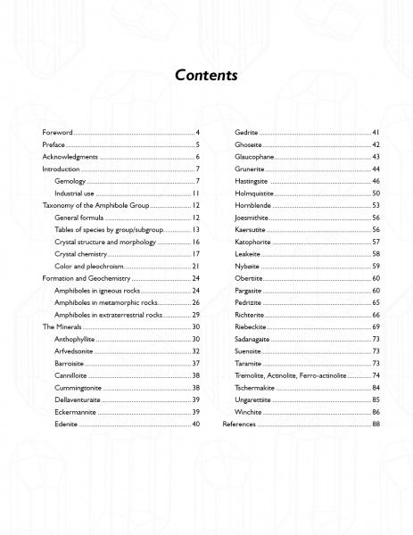 The Collectors' Guide to the Amphibole Group by Schiffer Publishing, Ltd. features a contents page with chapters like foreword, introduction, amphibole taxonomy, formation, crystal images, mineral descriptions, and references, all linked with dotted lines.