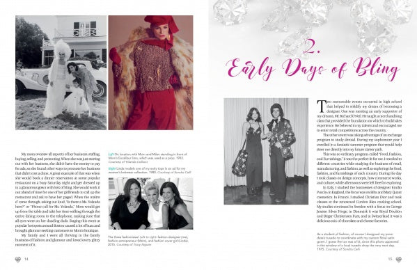 A magazine spread in Bling! by Schiffer Publishing, Ltd. showcases vintage photos of glamorous women, text on early fashion experiences, and diamond graphics—highlighting influences from gypsy dressmaker Sondra Celli.