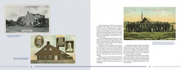 A spread from "Greetings from Gettysburg" by Schiffer Publishing, Ltd. features vintage photos: black-and-white house images with portraits on the left, a colorized group at a tent on the right, and evocative text surrounding the images.