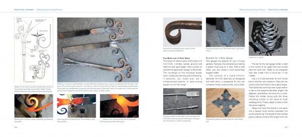 A two-page spread in The Book of Forging by Schiffer Publishing, Ltd. features diagrams, photos, and step-by-step guides on metalworking, with close-ups of forged iron scrolls, twists, patterns, and technical drawings.