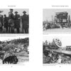 A two-page spread from "Days of Perfect Hell" by Schiffer Publishing, Ltd. features four black-and-white WWI photos—soldiers standing, wounded carried, a wrecked cart with dead horses, and an overturned vehicle—each with a brief caption.