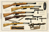 An array of five vintage Italian bolt-action rifles from "Italian Small Arms of the First and Second World Wars" by Schiffer Publishing, Ltd. is displayed with bolts, a metal magazine, and labels describing these classic military firearms.