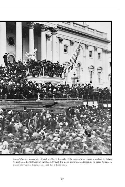 A large crowd gathers outside the U.S. Capitol for Lincoln’s second inauguration in 1865. Featured in "The Paranormal Presidency of Abraham Lincoln" by Schiffer Publishing, Ltd., he stands beneath an American flag among officials.
