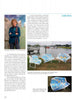 An artist poses with her abstract oil paintings, while below, blue metal chairs featuring oceanic and map themes are displayed outdoors—capturing the vibrant spirit featured in "100 Artists of New England" by Schiffer Publishing, Ltd.
