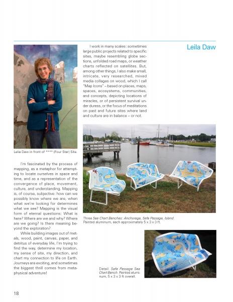 An artist poses with her abstract oil paintings, while below, blue metal chairs featuring oceanic and map themes are displayed outdoors—capturing the vibrant spirit featured in "100 Artists of New England" by Schiffer Publishing, Ltd.