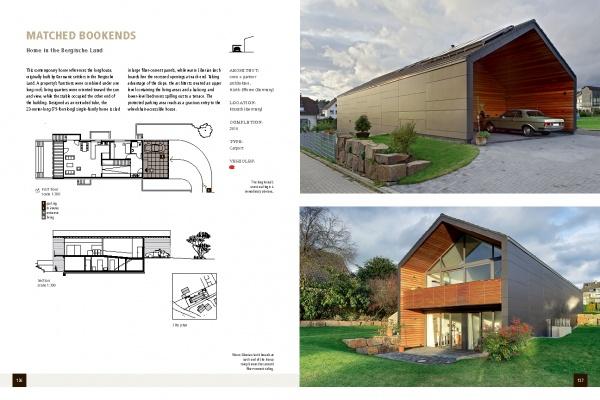 The "Auto-tecture" spread by Schiffer Publishing, Ltd. features architectural plans and photos of a modern house with a sloped roof, innovative parking design, unique driveway, wood facade, large windows, and a grassy yard.
