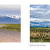 Side-by-side photos from "Eastern Oregon" by Schiffer Publishing, Ltd.: left, a motorcycle on a dirt road toward snowy peaks; right, a rustic shed and trees in a field with distant mountains under clouds in high-desert country.