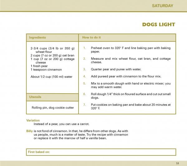 The “Baking for Dogs” recipe card by Schiffer Publishing, Ltd. features healthy dog treats, ingredients, instructions, utensils, a carrot variation, and a cinnamon warning on an organized white and yellow background for easy dog treat recipes.