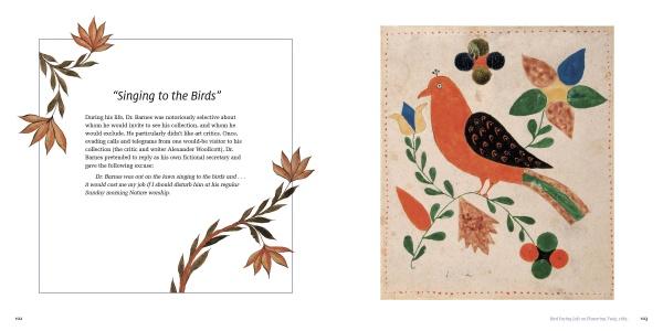 Birds in the Barnes Foundation by Schiffer Publishing, Ltd. features a spread with a left page titled Singing to the Birds with floral accents and a right page showing a folk-style orange and black bird among colorful flowers.