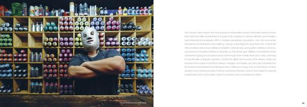 A person in a white luchador mask stands with crossed arms before shelves of spray paint, embodying the bold spirit of "Tokyo Graffiti" by Schiffer Publishing, Ltd. Text appears on the organized shelves and blank white space to the right.