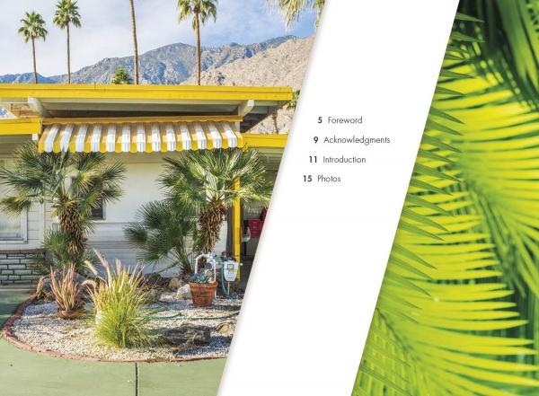 The cover of "Small Dreams" by Schiffer Publishing, Ltd. features a vibrant mid-century house with yellow trim and a striped awning amid palm trees and desert plants, reflecting the lively style of Palm Springs trailer park homes.