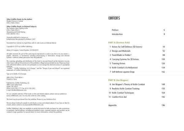 The table of contents for "Combat Knives and Knife Combat" by Schiffer Publishing, Ltd. lists sections such as Preface, Introduction, chapters on self-defense knives, combat techniques, knife training, plus appendices and related titles with page numbers.