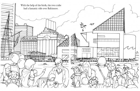 The Chadwick Activity Book by Schiffer Publishing, Ltd. features a lively Baltimore waterfront with families, children, and balloons, plus city buildings, an aquarium, and crabs. Inspired by Chadwick the Crab, it’s an ideal Chesapeake Bay kids’ activity book.