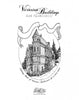 Black-and-white ink drawing of a Victorian building in San Francisco, framed by a ribbon. "Victorian Buildings of San Francisco" by Schiffer Publishing, Ltd.—ideal for adult coloring, with notes on Victorian architecture and the artist.