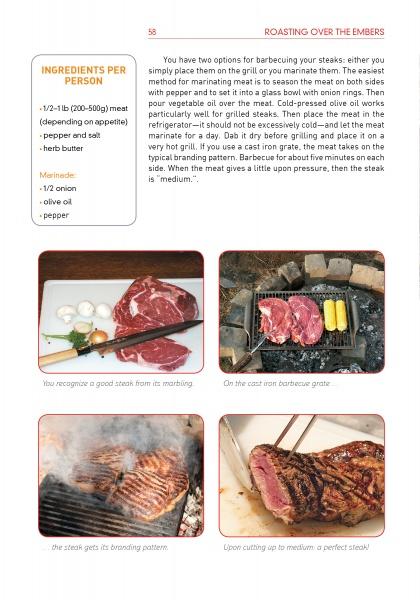 A page from "On an Open Fire" by Schiffer Publishing, Ltd. features steak grilling instructions, an ingredients list, and three photos: raw marbled steak, steak on a cast iron griddle, and sliced cooked steak with a pink center.