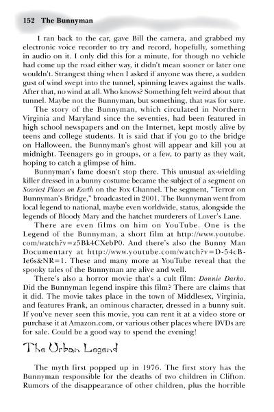 A page in Schiffer Publishing, Ltd.'s Haunted Virginia explores the Bunnyman legend, highlighting eyewitness stories, Virginia folklore, and accounts of terror and deaths. The text appears in black on a white background.