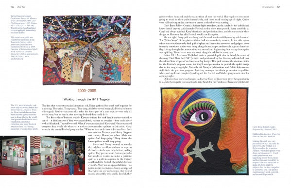 A magazine spread features "Magic & Memories" from Schiffer Publishing, Ltd., showcasing two vibrant quilt artworks—a starry night over a house and a colorful face with airplanes—celebrating the quilting industry's artistry.