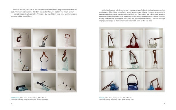Two pages from Schiffer Publishing, Ltd.’s "Behind the Curtain" catalog display Studio Glass Art sculptures using Mary Shaffer’s mid-air slumping technique. Each shelf cubby contains a unique abstract piece with descriptive text above the images.
