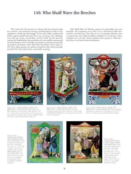 Staffordshire Figures 1780 to 1840, Volume 4 by Schiffer Publishing, Ltd. features a magazine page titled "Who Shall Ware the Breches" with five colorful enamel-painted figures of couples in domestic scenes and descriptive captions.
