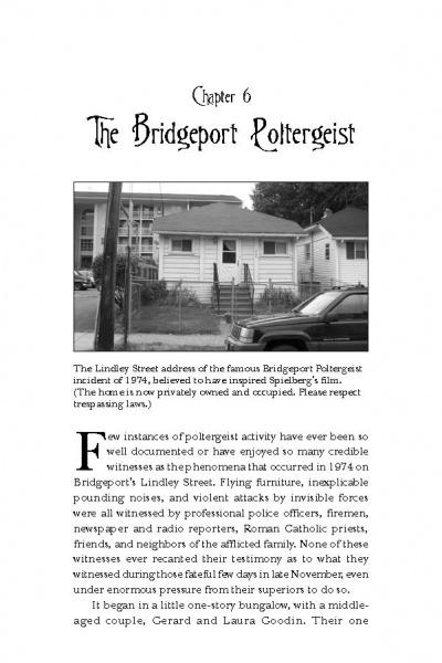A black-and-white image shows a house and yard. The page title is "Connecticut's Seaside Ghosts" from Schiffer Publishing, with text below recounting eerie stories of 1974 at one of Connecticut’s most infamous haunted sites.
