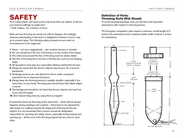 Two pages from the Schiffer Publishing, Ltd. Guide to Knife & Ax Throwing: the left page covers safety tips, while the right defines parts of a throwing knife with labeled diagrams detailing the knife’s dimensions and components.