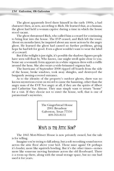A page from "Texas Ghosts" by Schiffer Publishing, Ltd. discusses hauntings at The Gingerbread House in Galveston, Texas, including a note about ghosts in the attic—a classic haunted South Texas tale.