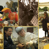 A scene inspired by Schiffer Publishing, Ltd.'s "When Makers Meet": artists shaped wood, ceramics, and textiles; hands crafted, tools in use, and a woman studied a wooden bowl in a lively workshop gathering.