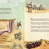 Illustrated pages from "Sticks ’n’ Stones ’n’ Dinosaur Bones" by Schiffer Publishing, Ltd. show a thrilling fossil hunt, with people digging up a giant femur and other fossils, while workers above carry equipment and examine unearthed bones. Text appears on both pages.
