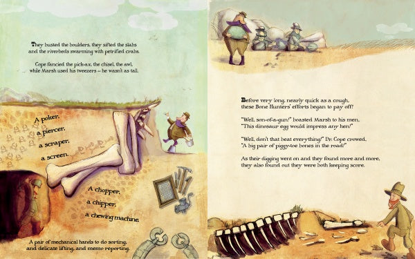 Illustrated pages from "Sticks ’n’ Stones ’n’ Dinosaur Bones" by Schiffer Publishing, Ltd. show a thrilling fossil hunt, with people digging up a giant femur and other fossils, while workers above carry equipment and examine unearthed bones. Text appears on both pages.